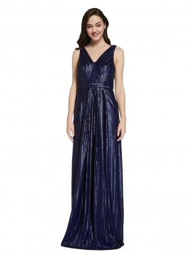 Affordable Sequin Dark Navy Sheath V-Neck Long Evening Dress UK