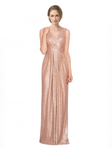 Affordable Sequin Rose Gold Sheath V-Neck Long Sleeveless Evening Dress UK