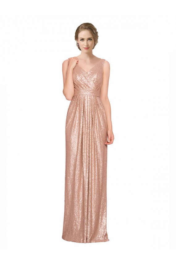 Affordable Sequin Rose Gold Sheath V-Neck Long Sleeveless Evening Dress UK