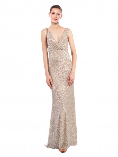 Affordable Sparkling Sequin Silver Sheath V-Neck Long Evening Dress UK