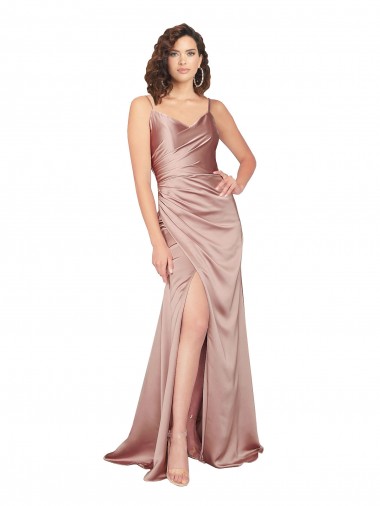 Affordable Silky Satin Dusty Pink Sheath V-Neck Long Evening Dress UK