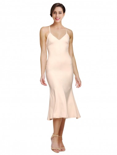 Affordable Stretch Crepe Nude Sheath V-Neck Midi Length Evening Dress UK