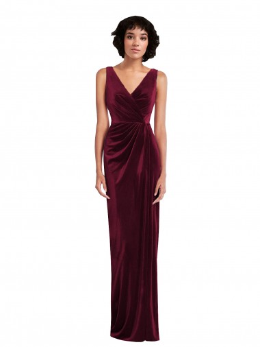 Affordable Stretch Velvet Burgundy Sheath V-Neck Long Maxi Evening Dress UK