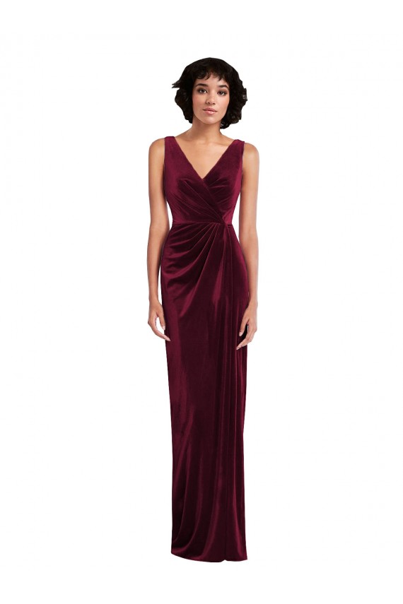 Affordable Stretch Velvet Burgundy Sheath V-Neck Long Maxi Evening Dress UK