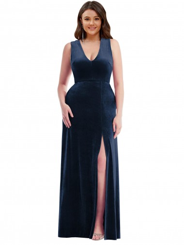 Affordable Stretch Velvet Dark Navy Sheath V-Neck Long Maxi Evening Dress UK