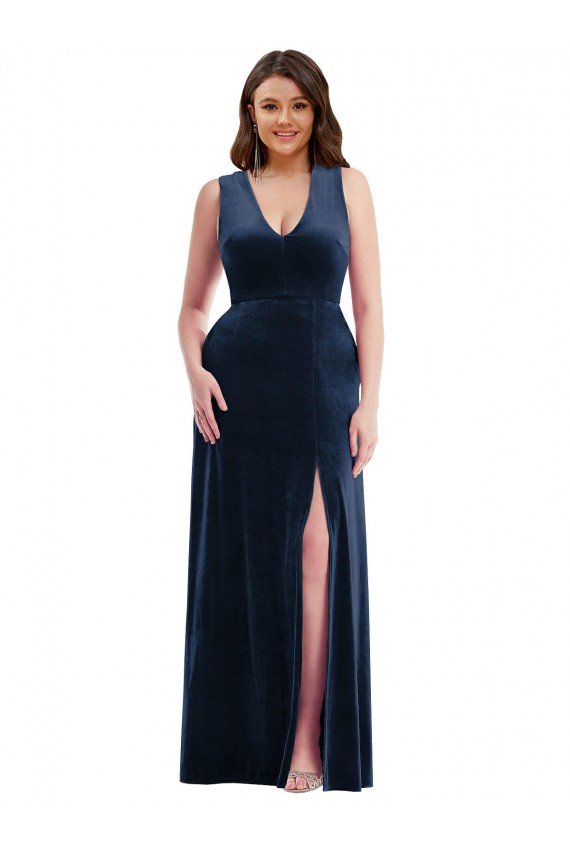 Affordable Stretch Velvet Dark Navy Sheath V-Neck Long Maxi Evening Dress UK