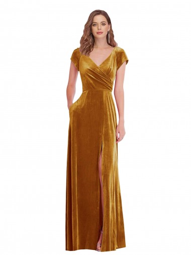 Affordable Stretch Velvet Gold Sheath V-Neck Long Maxi Evening Dress UK