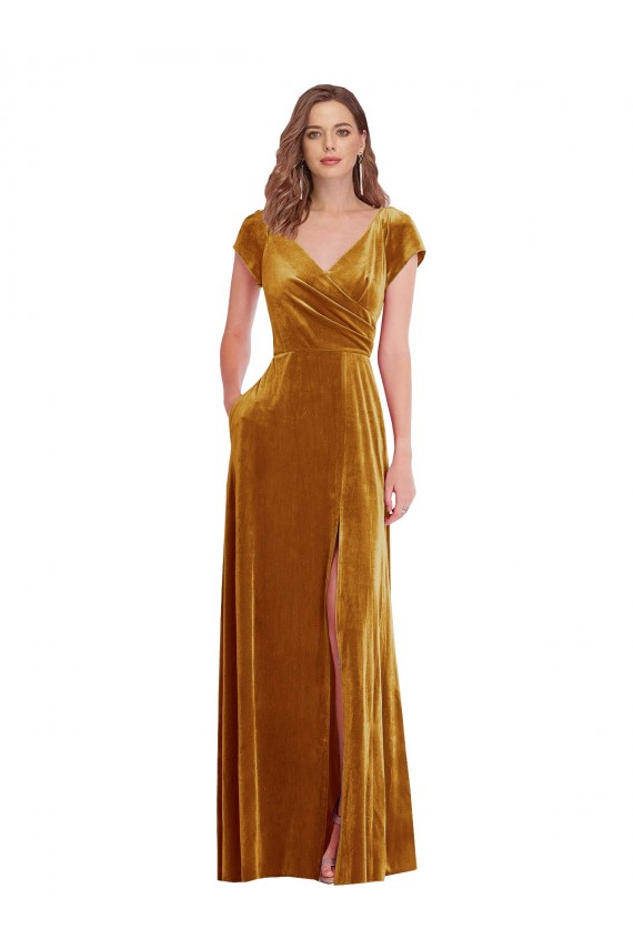 Affordable Stretch Velvet Gold Sheath V-Neck Long Maxi Evening Dress UK