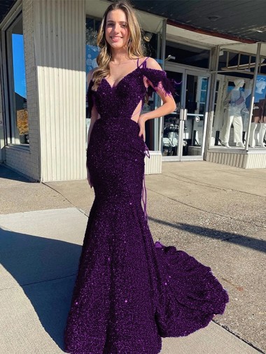 Affordable Velvet Sequin Plum Purple Sheath Spaghetti Straps Court Train Evening Dress UK