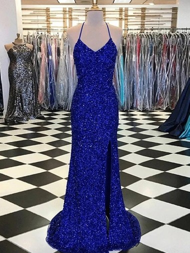 Affordable Velvet Sequin Royal Blue Sheath V-Neck Sweep Train Evening Dress UK