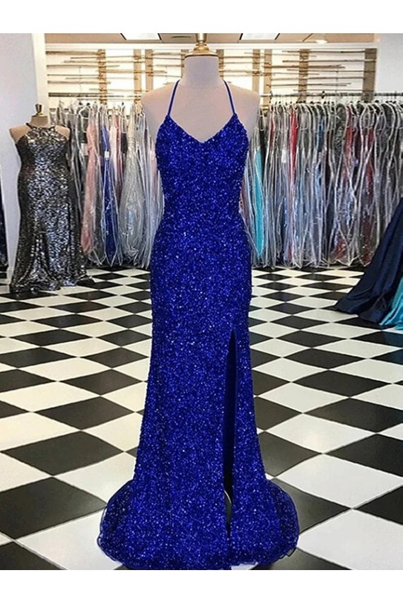 Affordable Velvet Sequin Royal Blue Sheath V-Neck Sweep Train Evening Dress UK