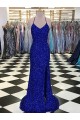 Affordable Velvet Sequin Royal Blue Sheath V-Neck Sweep Train Evening Dress UK