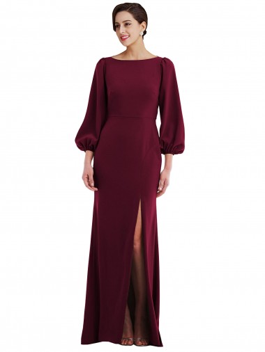 Affordable Stretch Crepe Burgundy Gold Trumpet Bateau Neck Long Long Sleeves Evening Dress UK