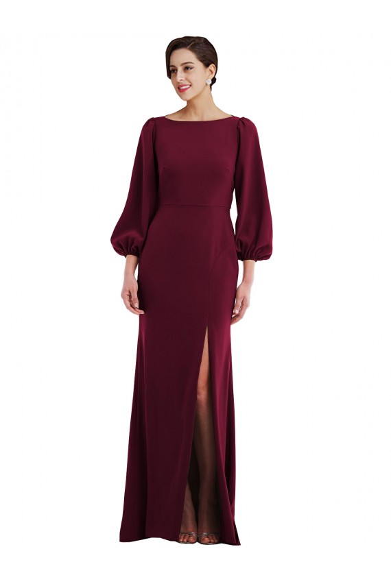 Affordable Stretch Crepe Burgundy Gold Trumpet Bateau Neck Long Long Sleeves Evening Dress UK