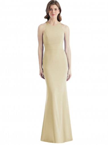 Affordable Stretch Crepe Champagne Trumpet Bateau Neck Long Semi Formal Evening Dress UK