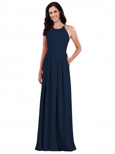 Affordable Stretch Crepe Dark Navy Trumpet Halter Neck Long Semi Formal Evening Dress UK