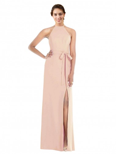 Affordable Stretch Crepe Nude Trumpet Halter Neck Long Maxi Evening Dress UK