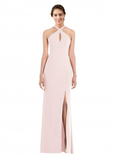 Affordable Stretch Crepe Pink Trumpet Halter Neck Long Evening Dress UK