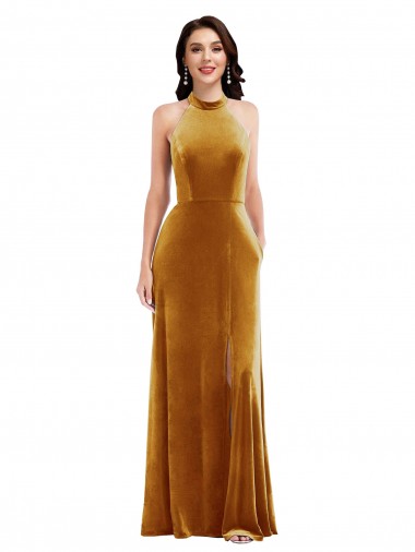 Affordable Stretch Velvet Gold Trumpet Halter Neck Long Maxi Evening Dress UK