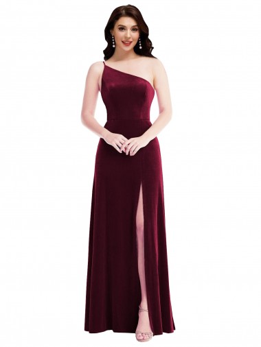 Affordable Stretch Velvet Burgundy Trumpet One Shoulder Long Maxi Evening Dress UK