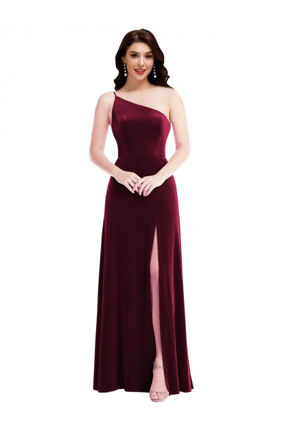 Affordable Stretch Velvet Burgundy Trumpet One Shoulder Long Maxi Evening Dress UK