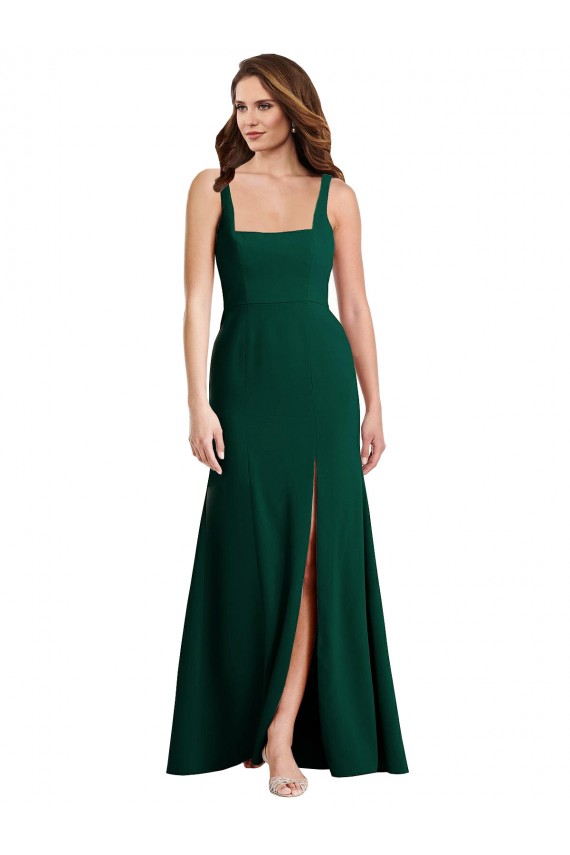 Affordable Stretch Crepe Midnight Green Trumpet Square Neck Long Maxi Evening Dress UK