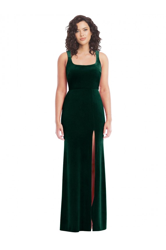 Affordable Stretch Velvet Dark Green Trumpet Square Neck Long Maxi Evening Dress UK