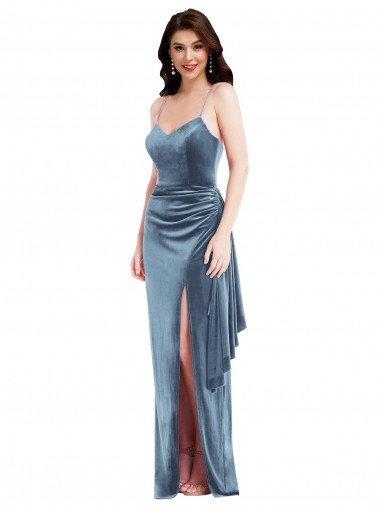 Affordable Stretch Velvet Dusty Blue Trumpet Spaghetti Straps Long Evening Maxi Dress UK