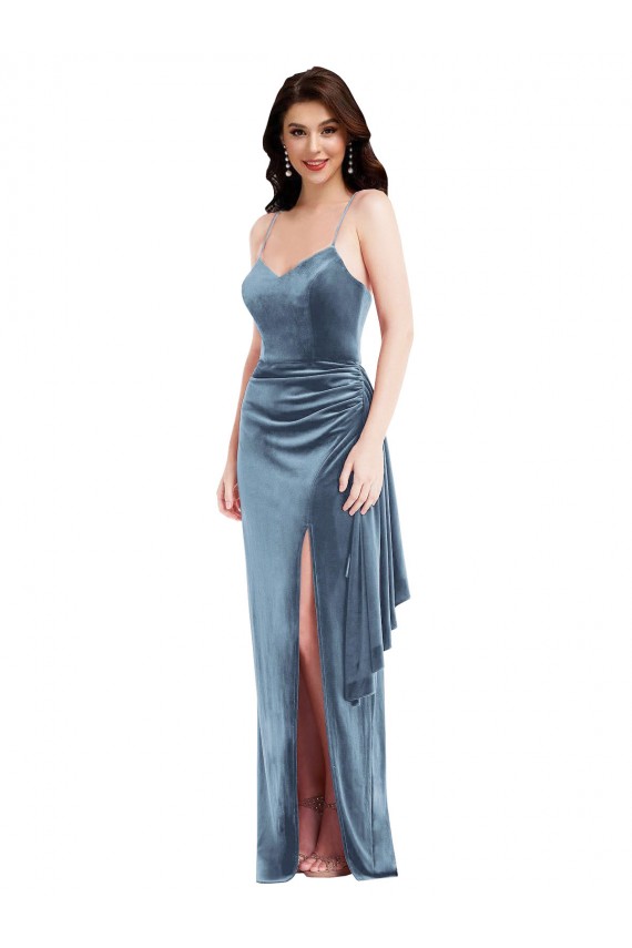 Affordable Stretch Velvet Dusty Blue Trumpet Spaghetti Straps Long Evening Maxi Dress UK