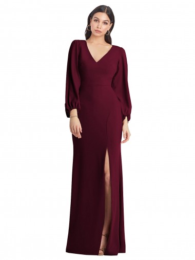 Affordable Stretch Crepe Burgundy Gold Trumpet V-Neck Long Semi Formal Evening Dress UK