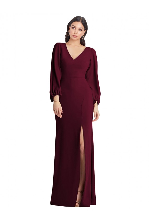 Affordable Stretch Crepe Burgundy Gold Trumpet V-Neck Long Semi Formal Evening Dress UK