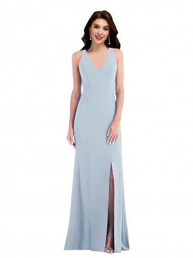 Affordable Stretch Crepe Light Sky Blue Trumpet V-Neck Long Maxi Wedding Party Dress UK